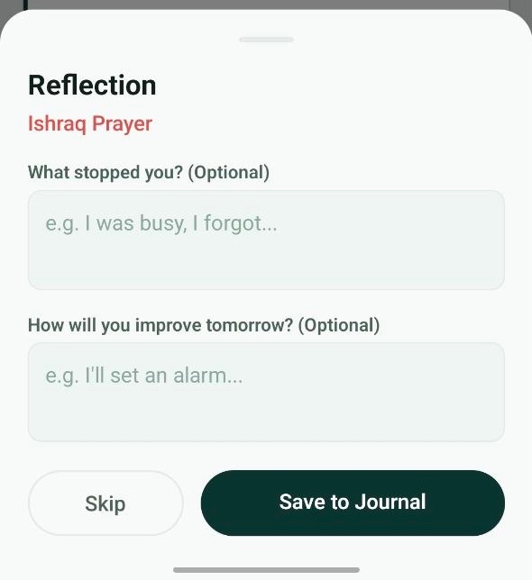 Amalee reflection sheet for a missed Ishraq Prayer, asking what stopped you and how you will improve tomorrow