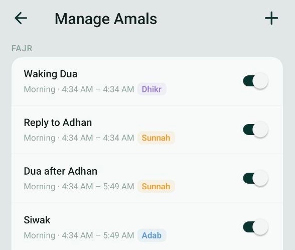 Manage Amals screen with toggles for Waking Dua, Reply to Adhan, Dua after Adhan and Siwak
